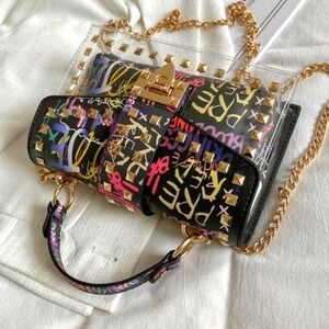 LETTER Graphic Studded Decor Flap Bag Black  White. Clear bag. Studded.